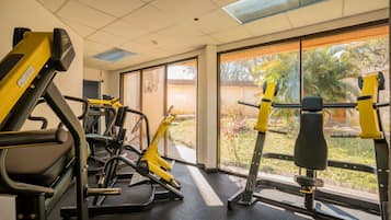 Une salle de sport équipée de divers appareils d’exercice, dotée de grandes fenêtres et offrant une vue sur la verdure environnante.