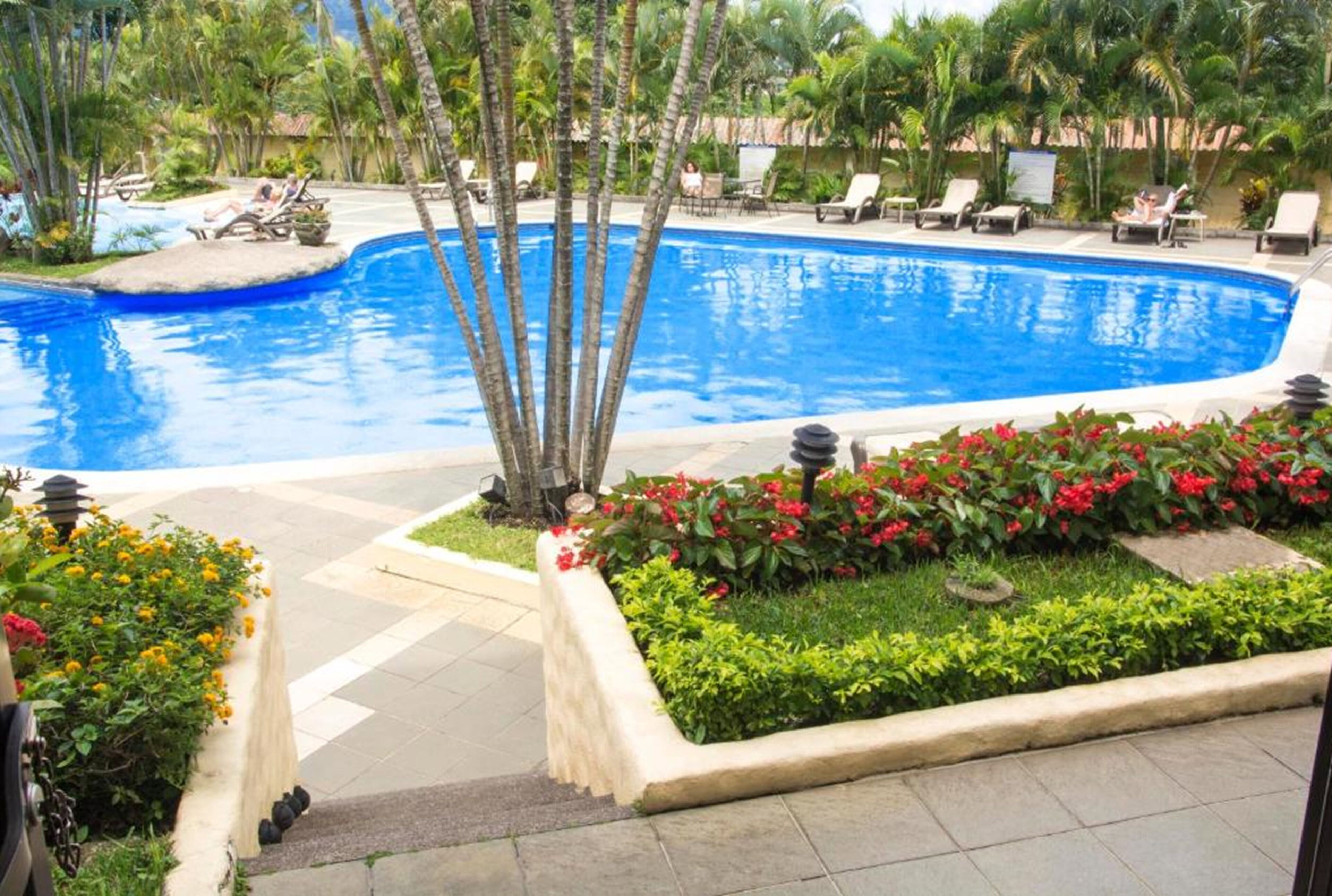 Una piscina con sillas de descanso y exuberante vegetación tropical.