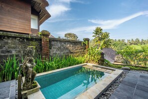 A swimming pool with stone tiles, a statue, and a stone wall.