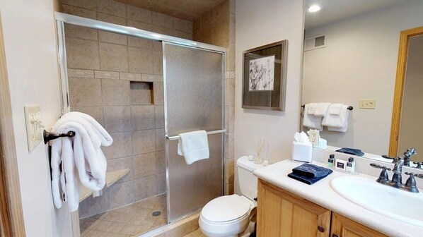 A bathroom with a glass shower enclosure, a toilet, a sink with a mirror, and a towel rack. - Tamarack Townhomes - CoralTree Residence Collection (Snowmass Village)