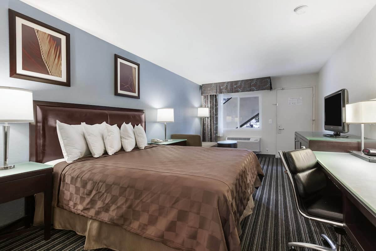 A hotel room with a large bed, a desk, a chair, a television, and framed artwork on the wall.