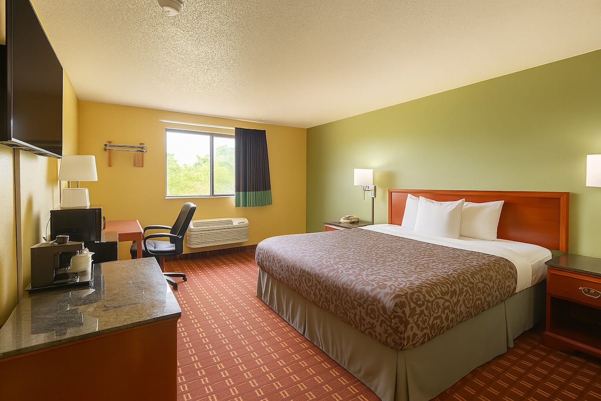 A hotel room with a bed, desk, chair, and a window with curtains.