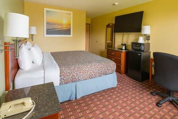 Desk, laptop workspace, blackout curtains, iron/ironing board