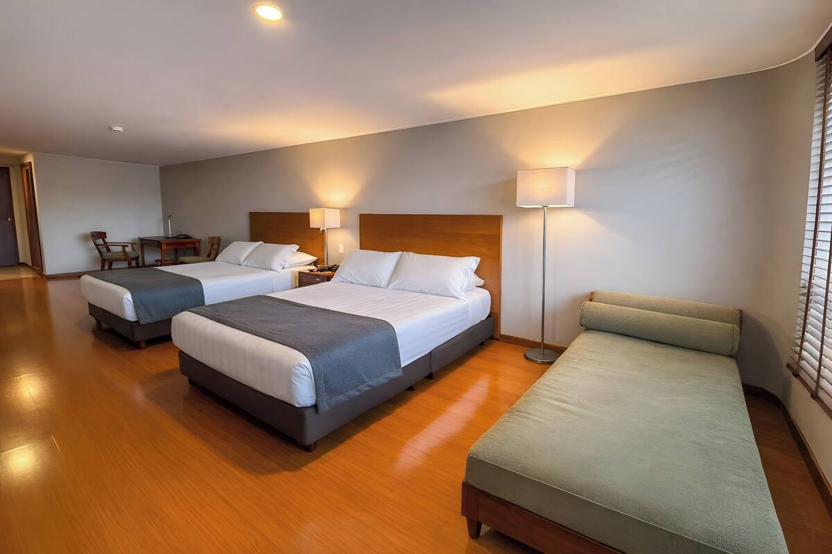 Habitación de hotel con dos camas, un escritorio y una silla.