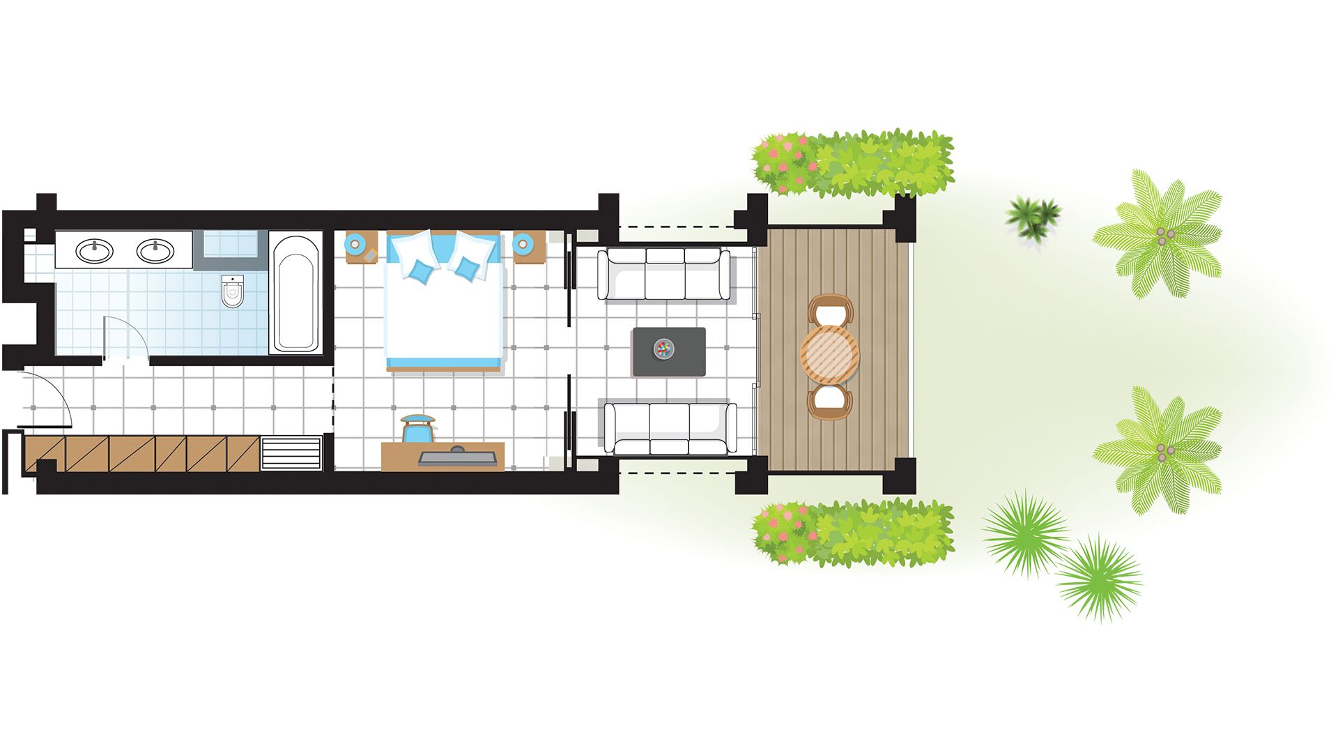 A floor plan of a hotel with a kitchen, dining area, two bedrooms, and a bathroom.