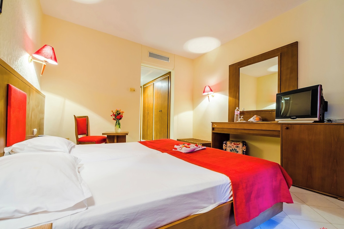 A hotel room with a bed, a television, a desk, and a mirror.