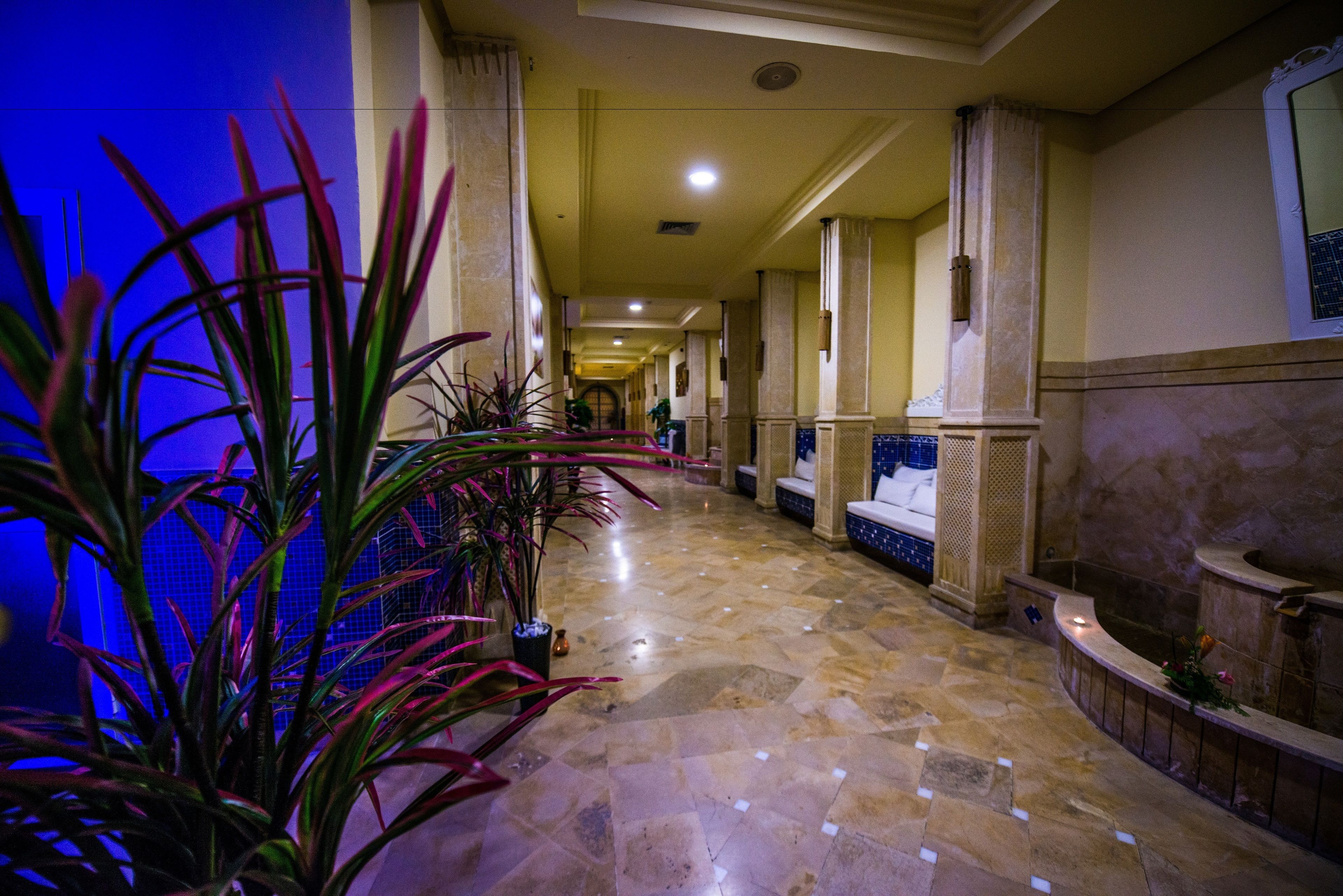 A hotel corridor with a marble floor, columns, and potted plants.