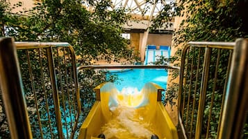 Piscine couverte, piscine extérieure, parasols de plage, chaises longues