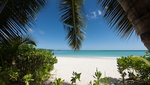 A beach with white sand, clear turquoise water, and palm trees. - Acajou Beach Resort (Praslin Island)