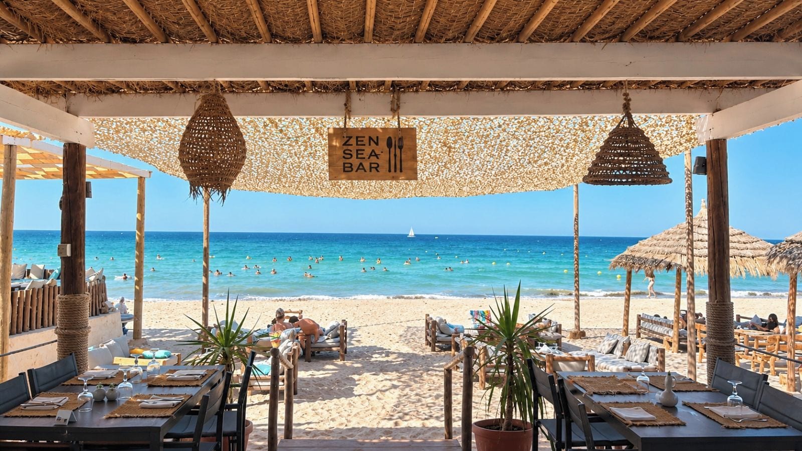 Un restaurante frente a la playa con vistas al mar, mesas listas para comer, y un letrero que dice 'ZEN SEA BAR'.