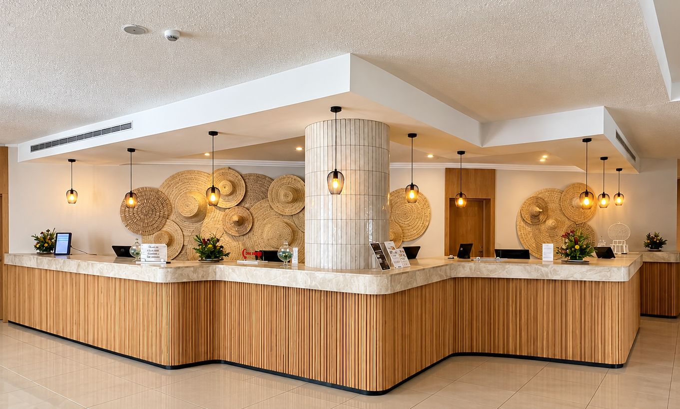 A reception desk with a wooden finish, a white pillar, and woven wall decorations.