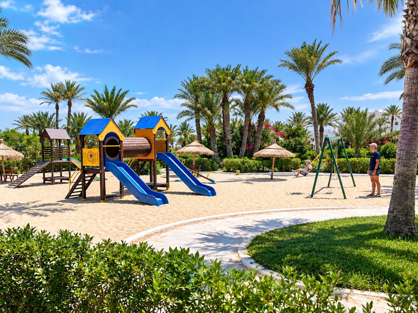 A playground with slides and climbing structures, surrounded by palm trees and a sandy area.
