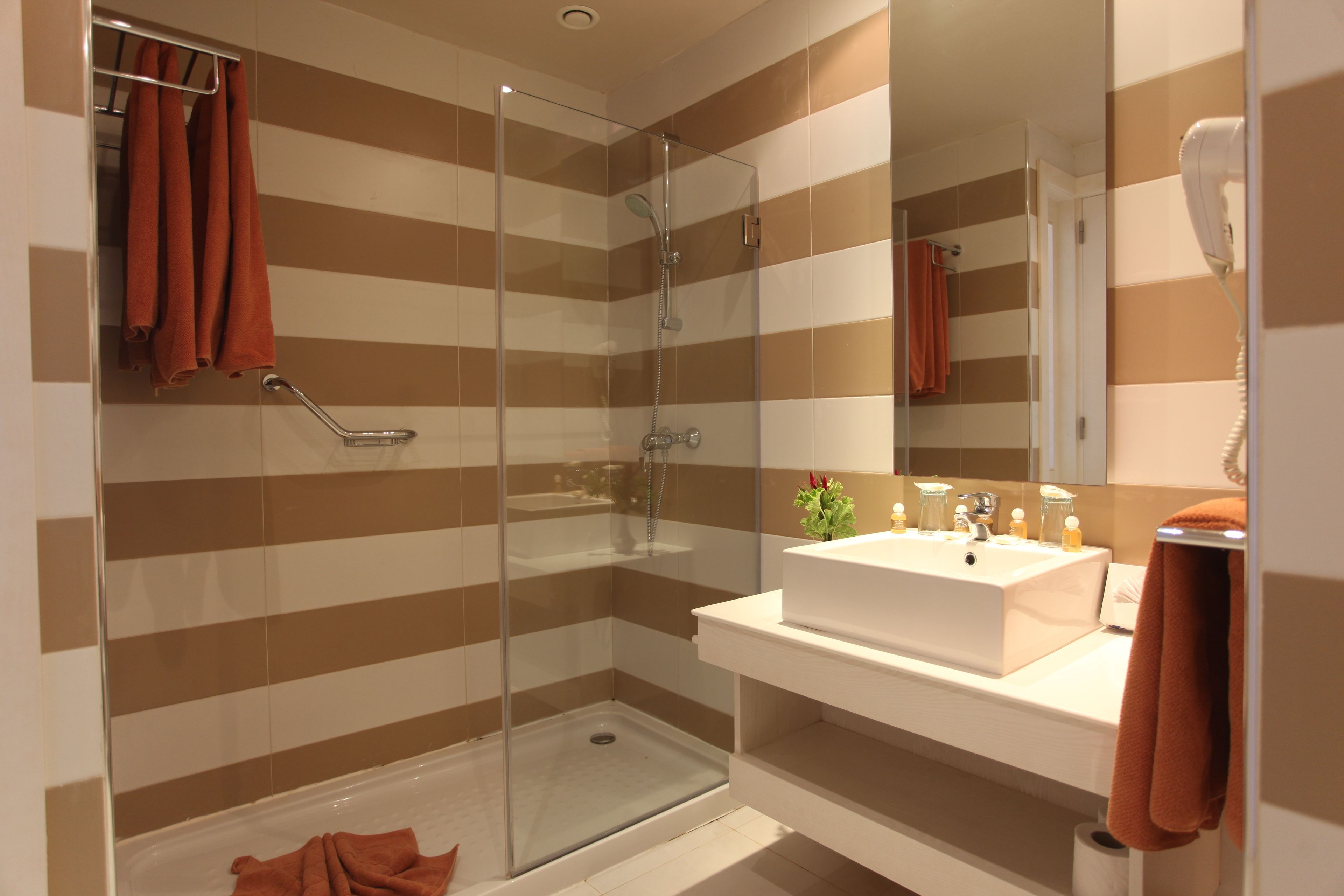 shower, free toiletries, hair dryer, towels