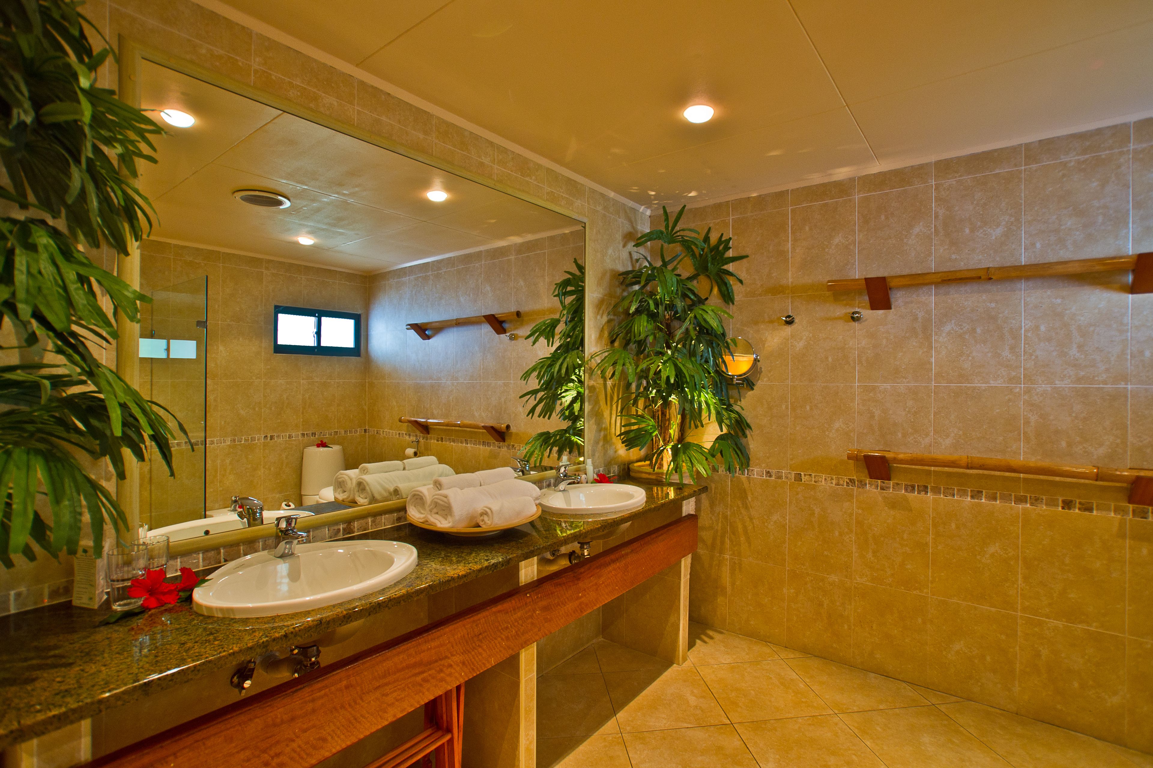 Un baño con dos lavamanos, un espejo grande y una planta en maceta.