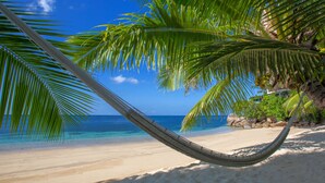 Un hamac sur une plage de sable, avec des palmiers et un ciel bleu dégagé.