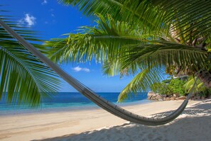 On the beach, free beach shuttle, sun loungers, beach umbrellas