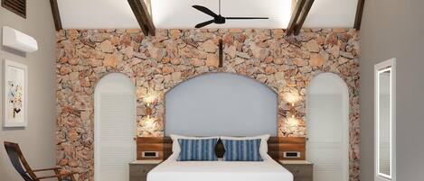 Un dormitorio con pared de piedra, una cama con cabecera de madera, dos mesitas de noche con lámparas, un ventilador de techo y una ventana.