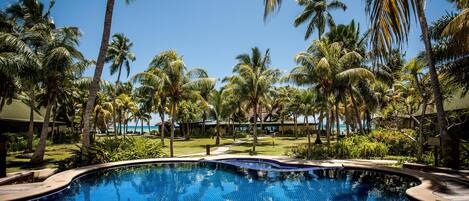 Outdoor pool, pool umbrellas, sun loungers