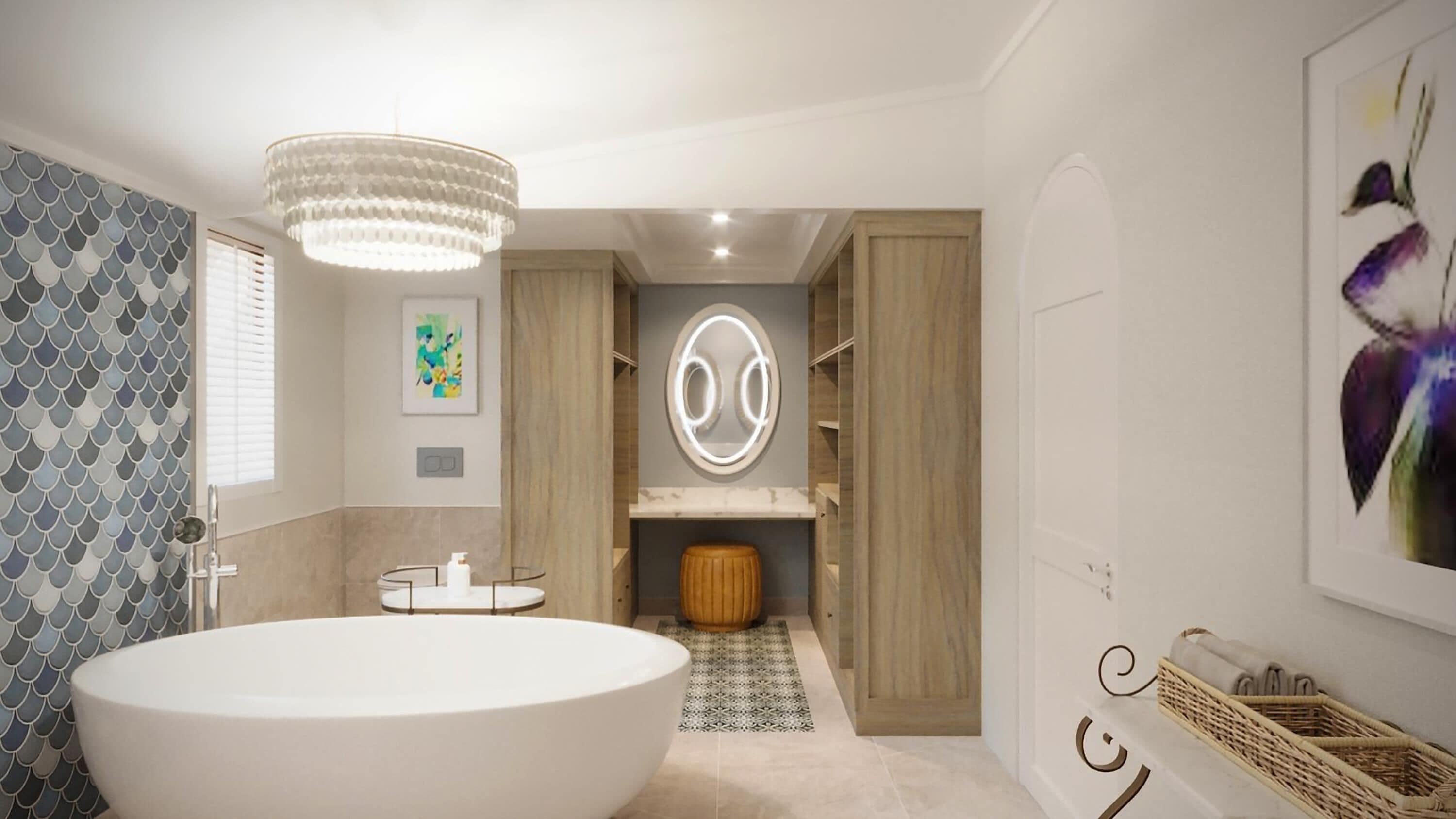 Ein modernes Badezimmer mit einer großzügigen, freistehenden Badewanne, einem Waschtisch inklusive Spiegel und einer Wand mit dekorativer, runder Leuchte.