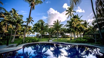 Outdoor pool, pool umbrellas, pool loungers