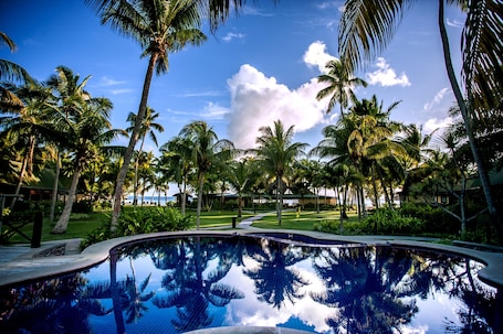 Outdoor pool, pool umbrellas, sun loungers. Paradise Sun