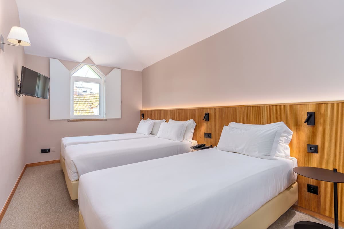 Habitación de hotel con dos camas, televisión, ventana y cabecero de madera.