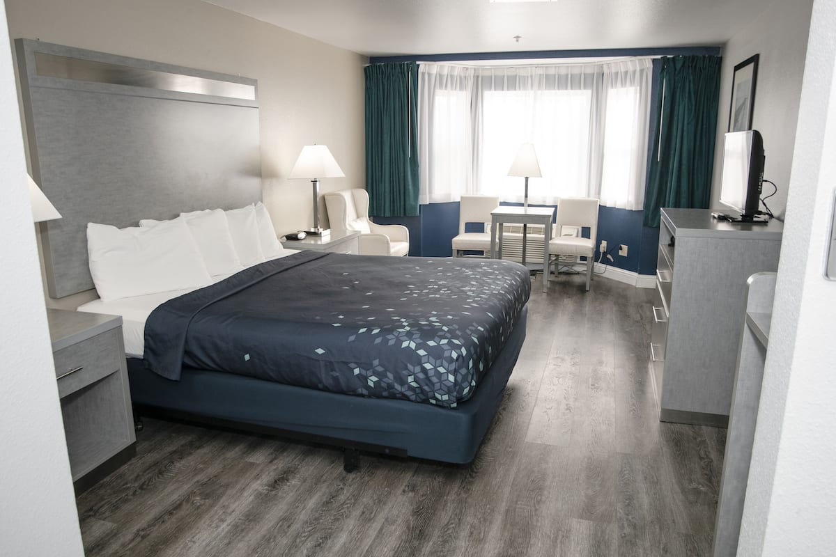 A hotel room with a bed, a desk, a chair, a TV, and a lamp.