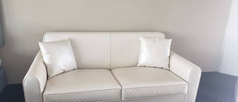 A beige leather sofa with two pillows against a plain wall, a framed picture above, and a dark floor.