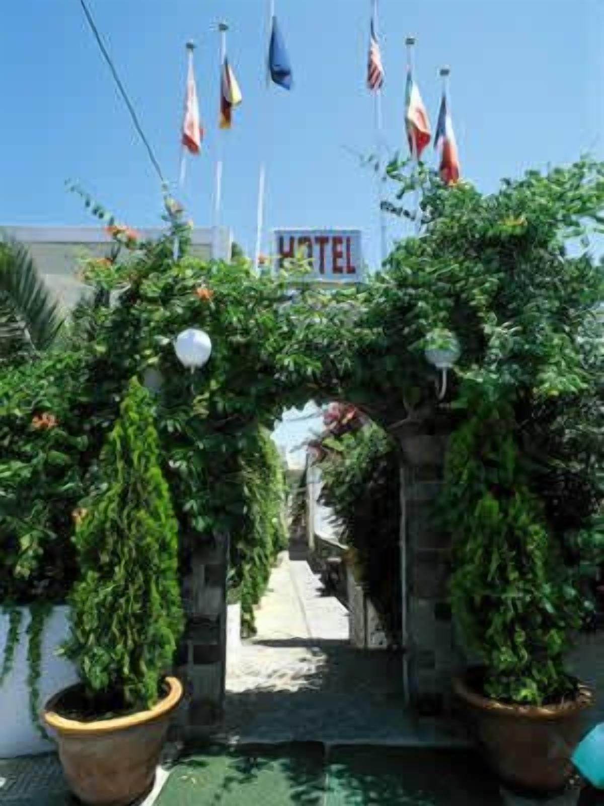 A hotel entrance with a stone archway, potted plants, and flags.