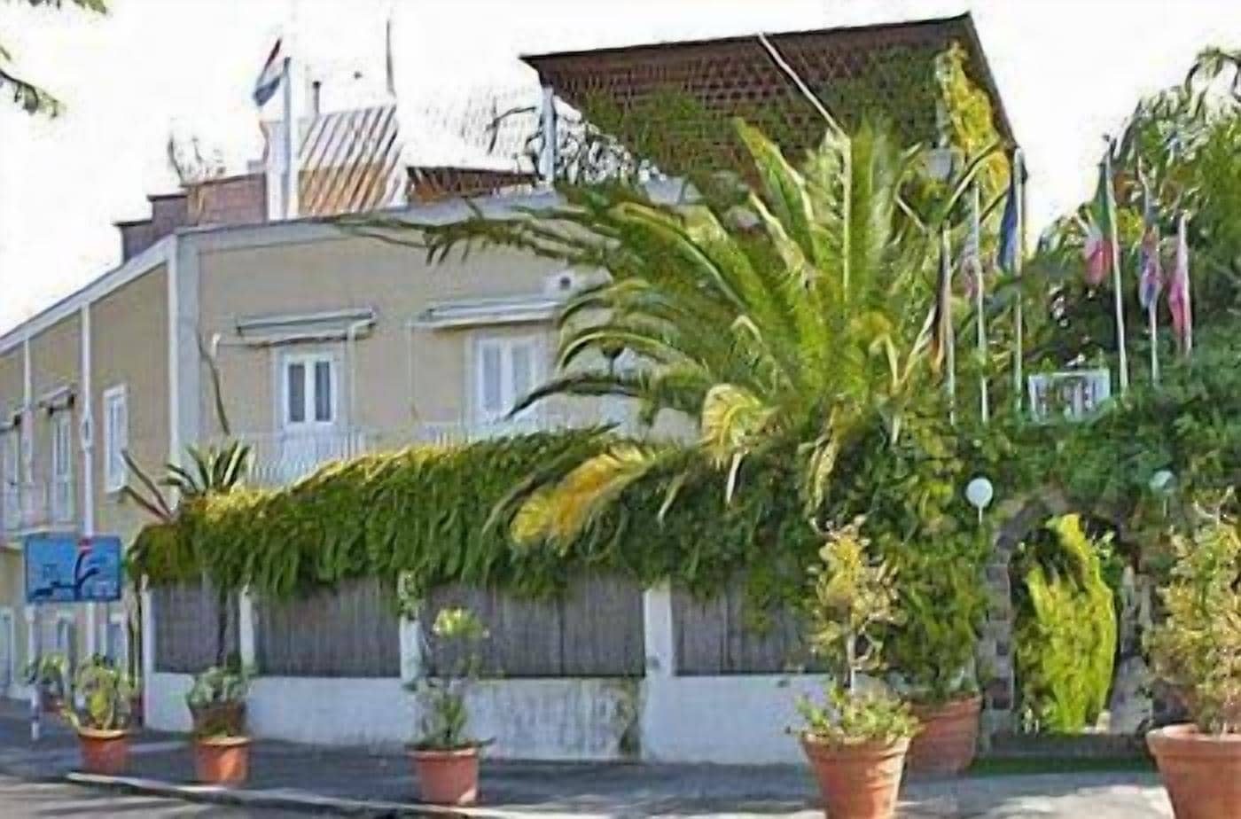 Un edificio con techo plano, balcón y plantas en macetas.