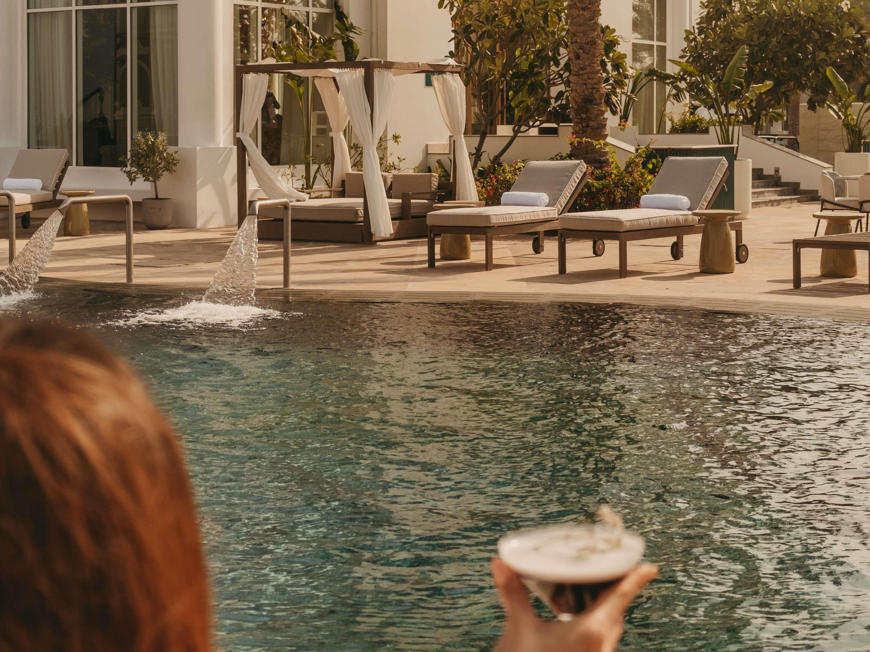 indoor pool, outdoor pool, pool loungers