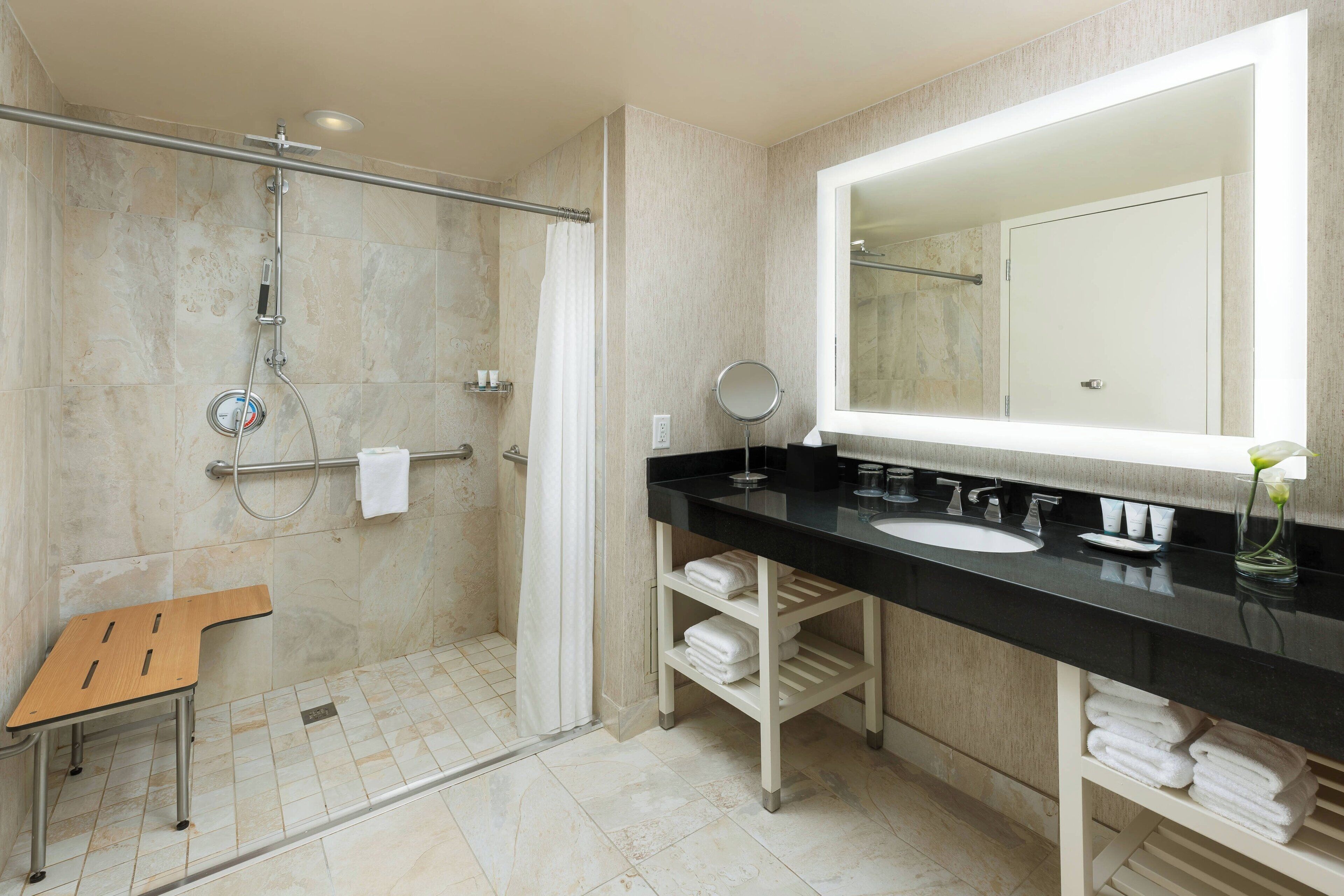 combined shower/bathtub, free toiletries, hair dryer, bathrobes