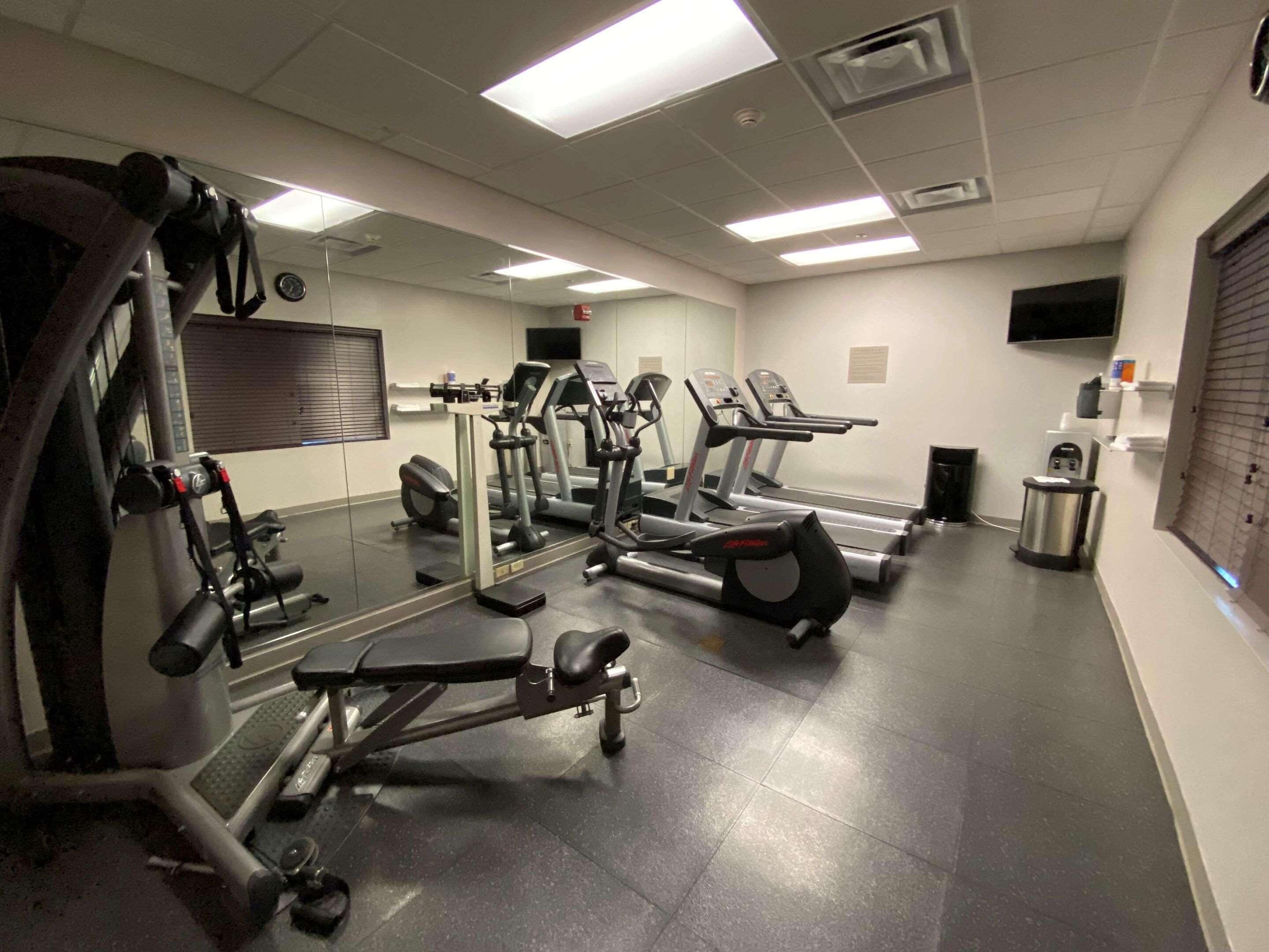 A gym with various exercise equipment, including treadmills, a weight bench, and free weights.