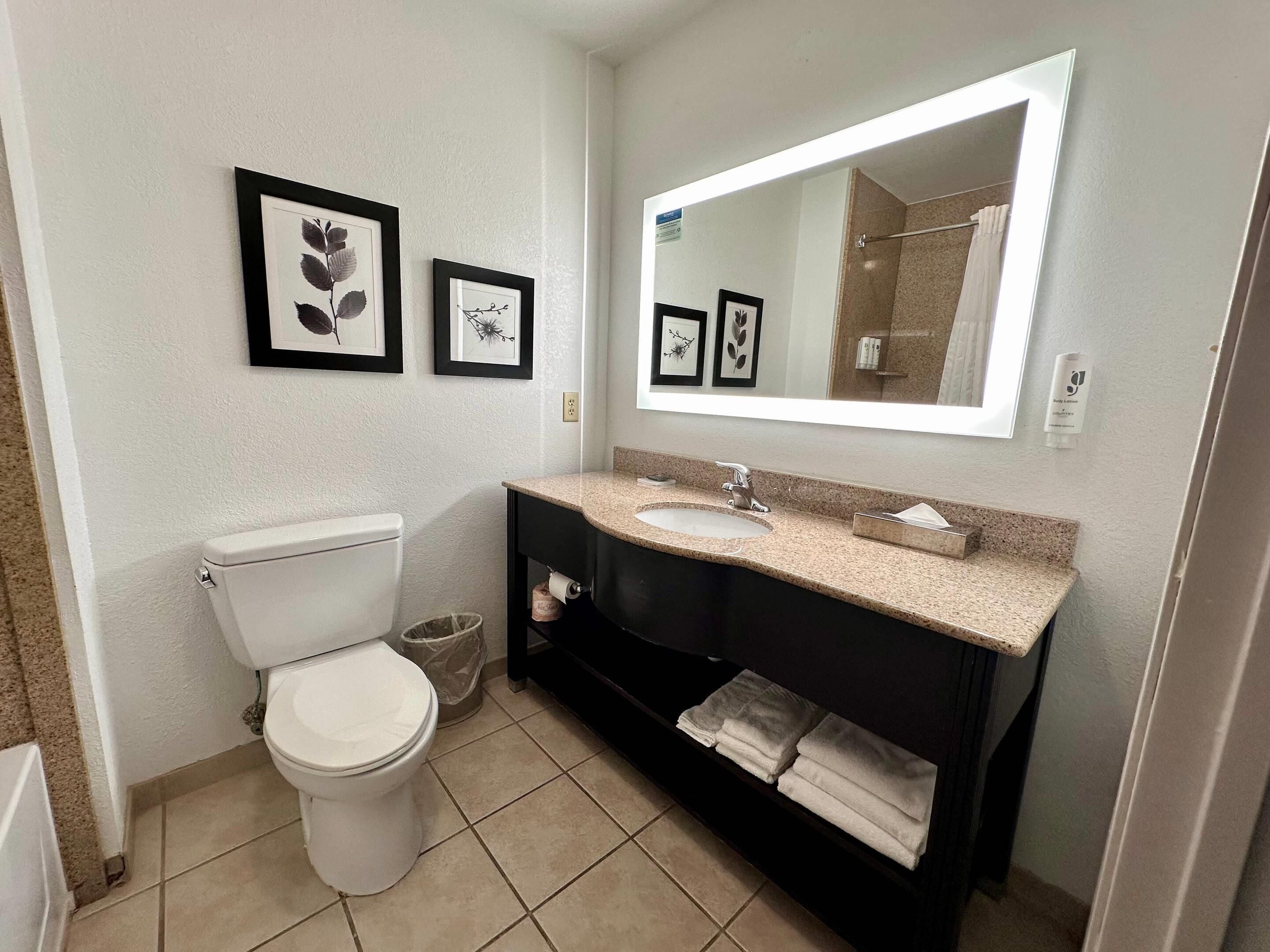 A bathroom with a toilet, sink, and vanity. There are framed pictures on the wall and a large mirror above the vanity.