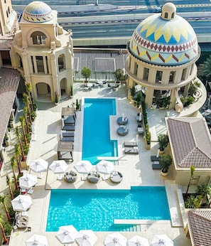 Outdoor pool, pool umbrellas, pool loungers