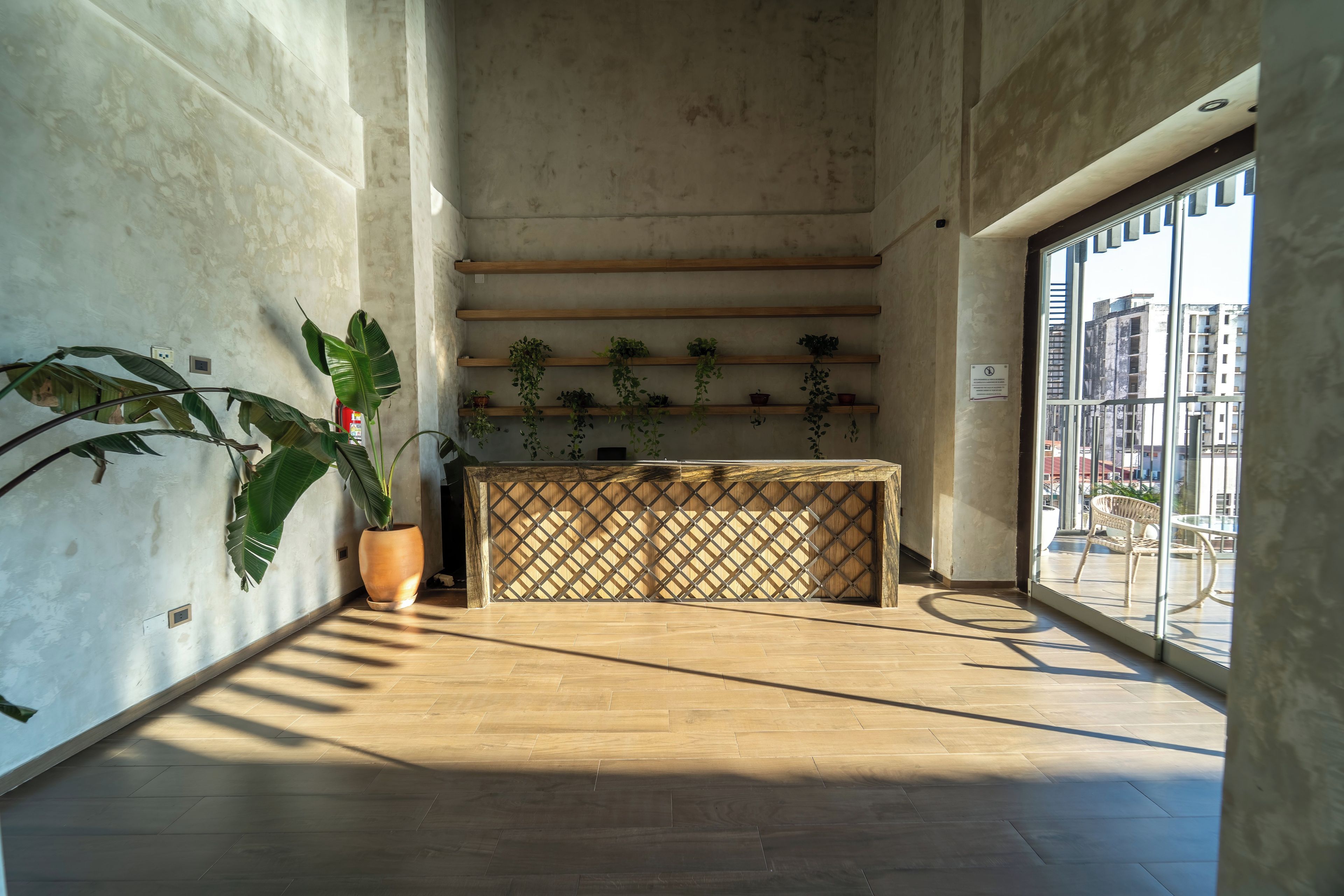 Una habitación con piso de madera, una planta grande en maceta, un banco de madera con plantas y un ventanal con vista a edificios.