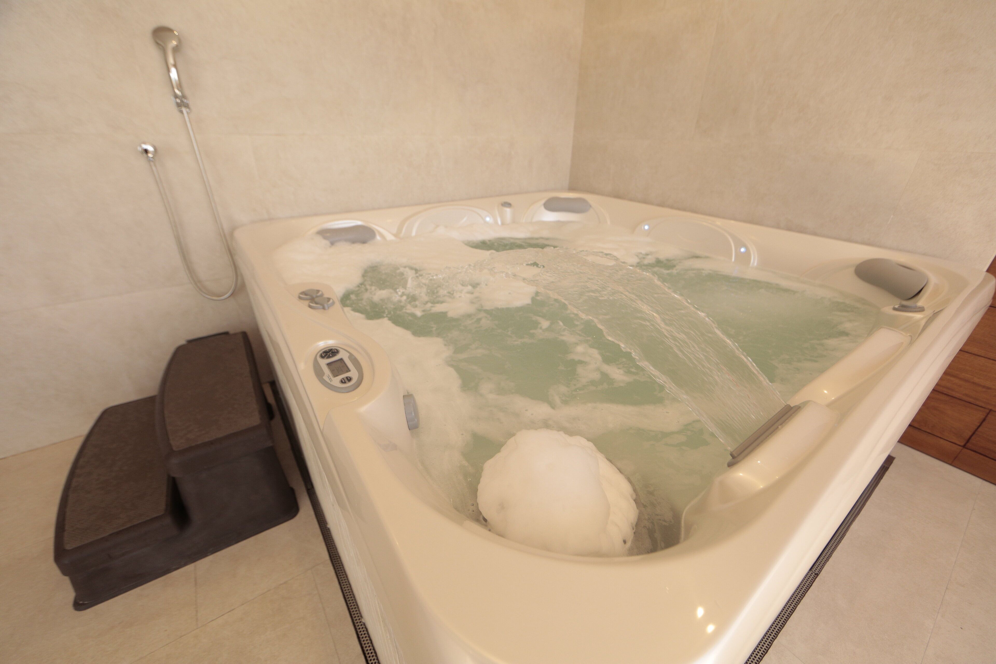 Un jacuzzi con ducha de mano, panel de control y un escalón para facilitar el acceso.
