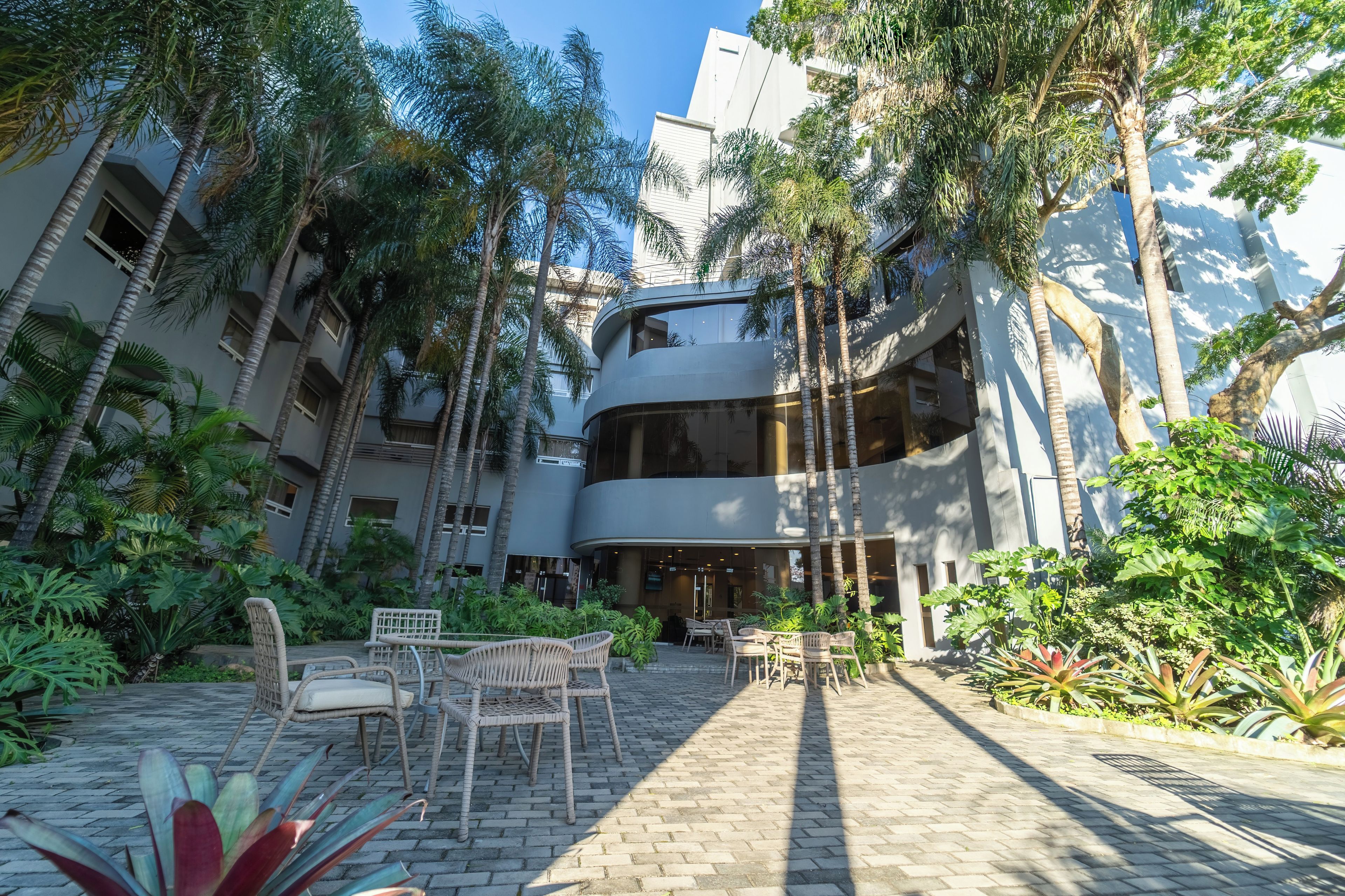 Un patio con mobiliario exterior y palmeras.