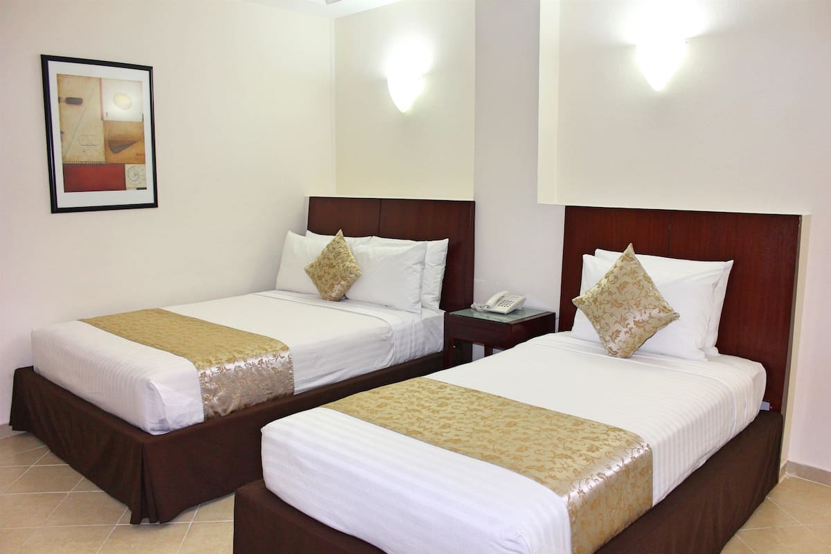 Two single beds with wooden headboards, white bedding, and a brown skirtboard.