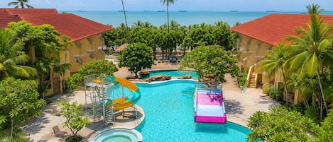 2 outdoor pools, open 7:00 AM to 9:00 PM, pool umbrellas, sun loungers