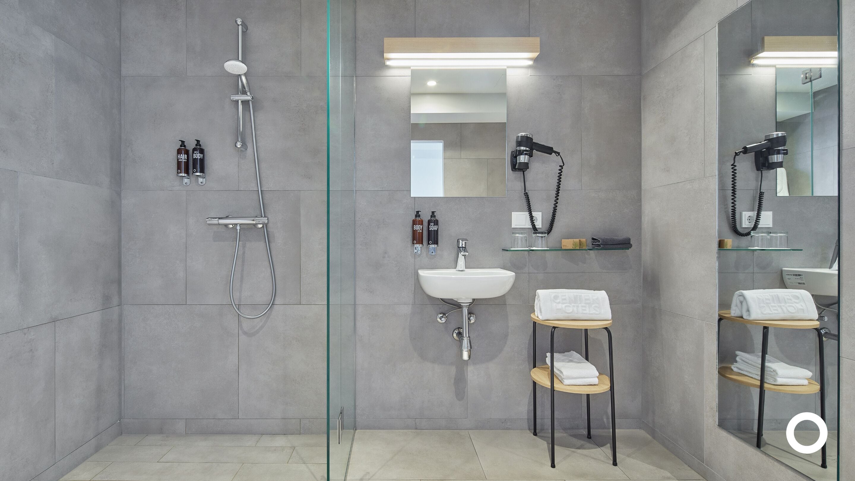 eco-friendly toiletries, hair dryer, towels