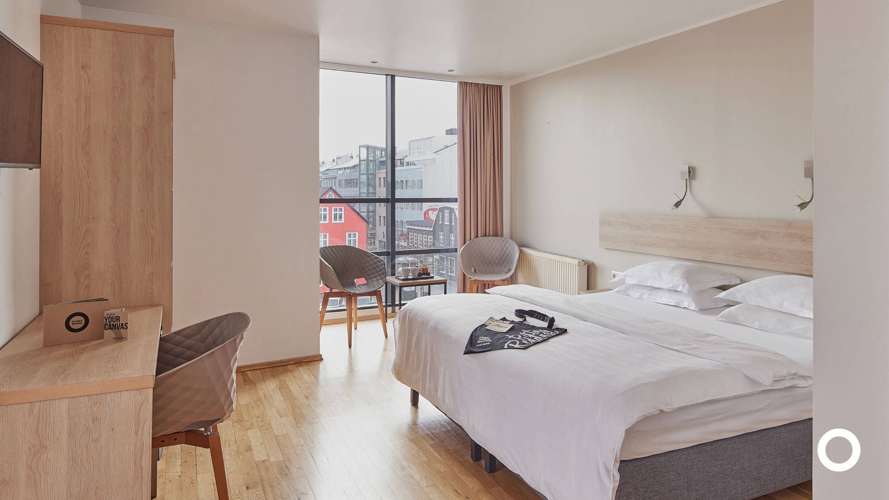 minibar, desk, laptop workspace, blackout curtains