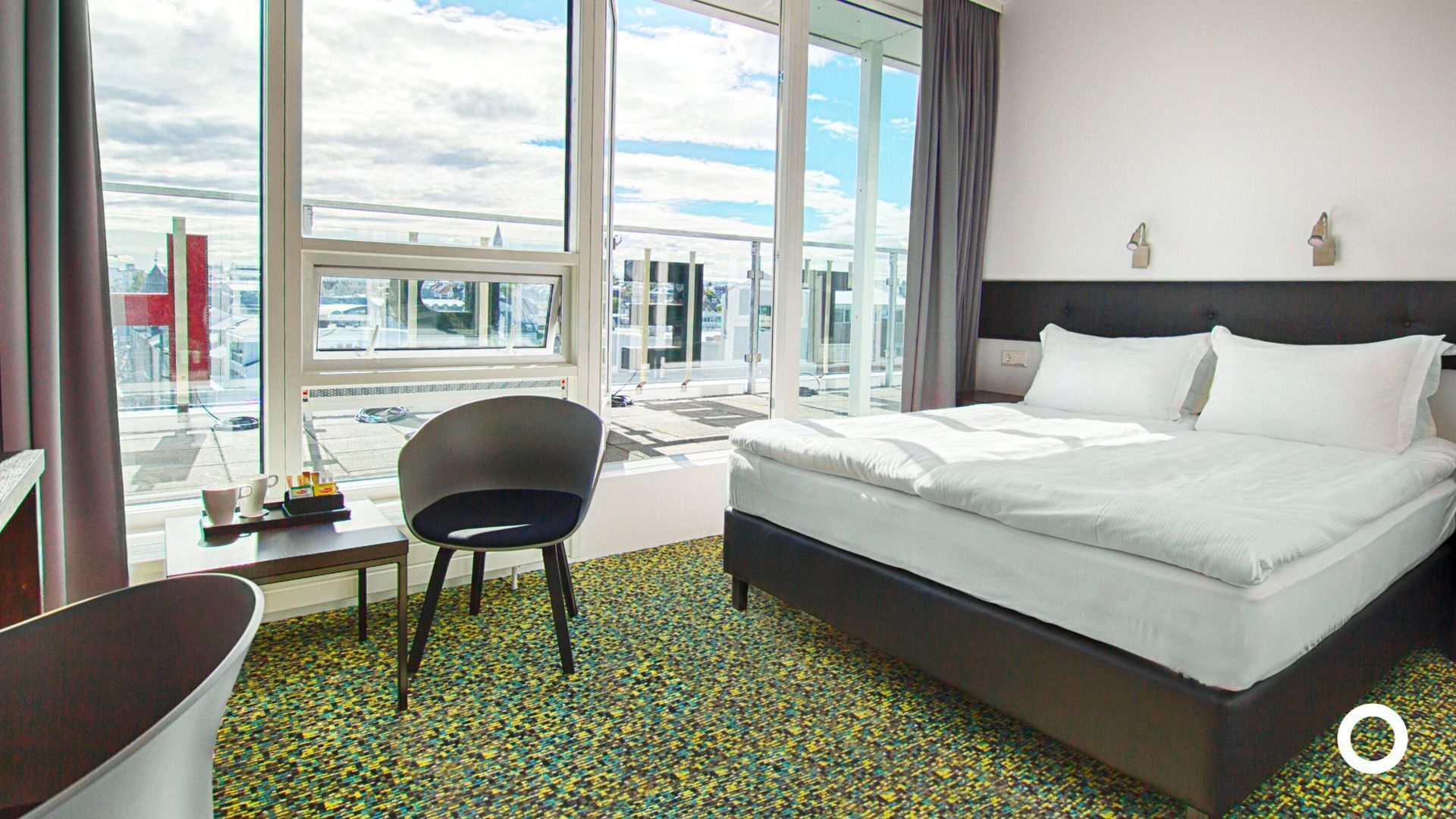 Minibar, desk, laptop workspace, blackout curtains