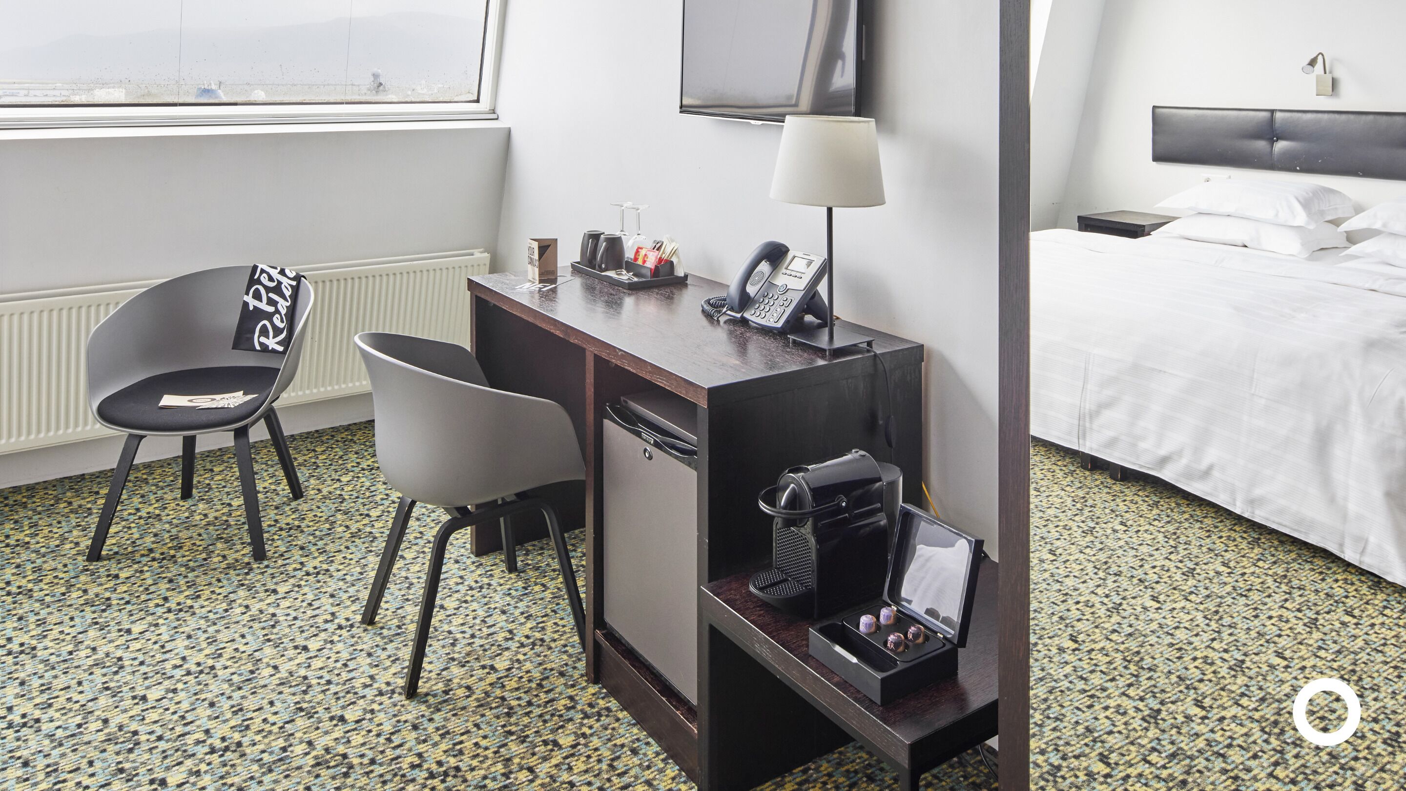 minibar, desk, laptop workspace, blackout curtains