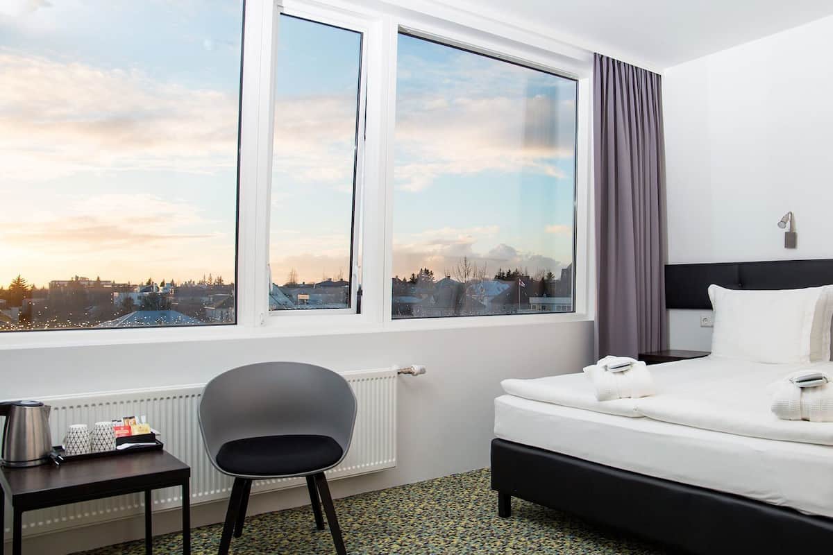 Minibar, desk, laptop workspace, blackout drapes