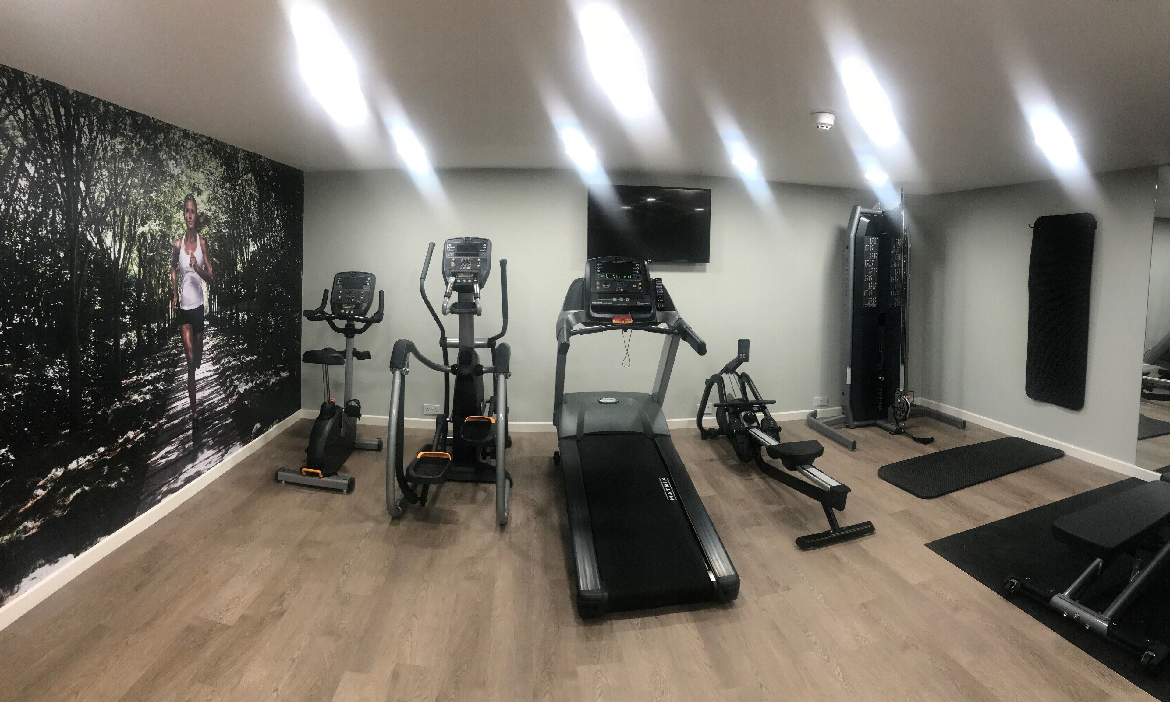 Une salle de sport à domicile équipée d’un tapis de course, d’un vélo elliptique, d’un vélo d’appartement et d’un sac de frappe.