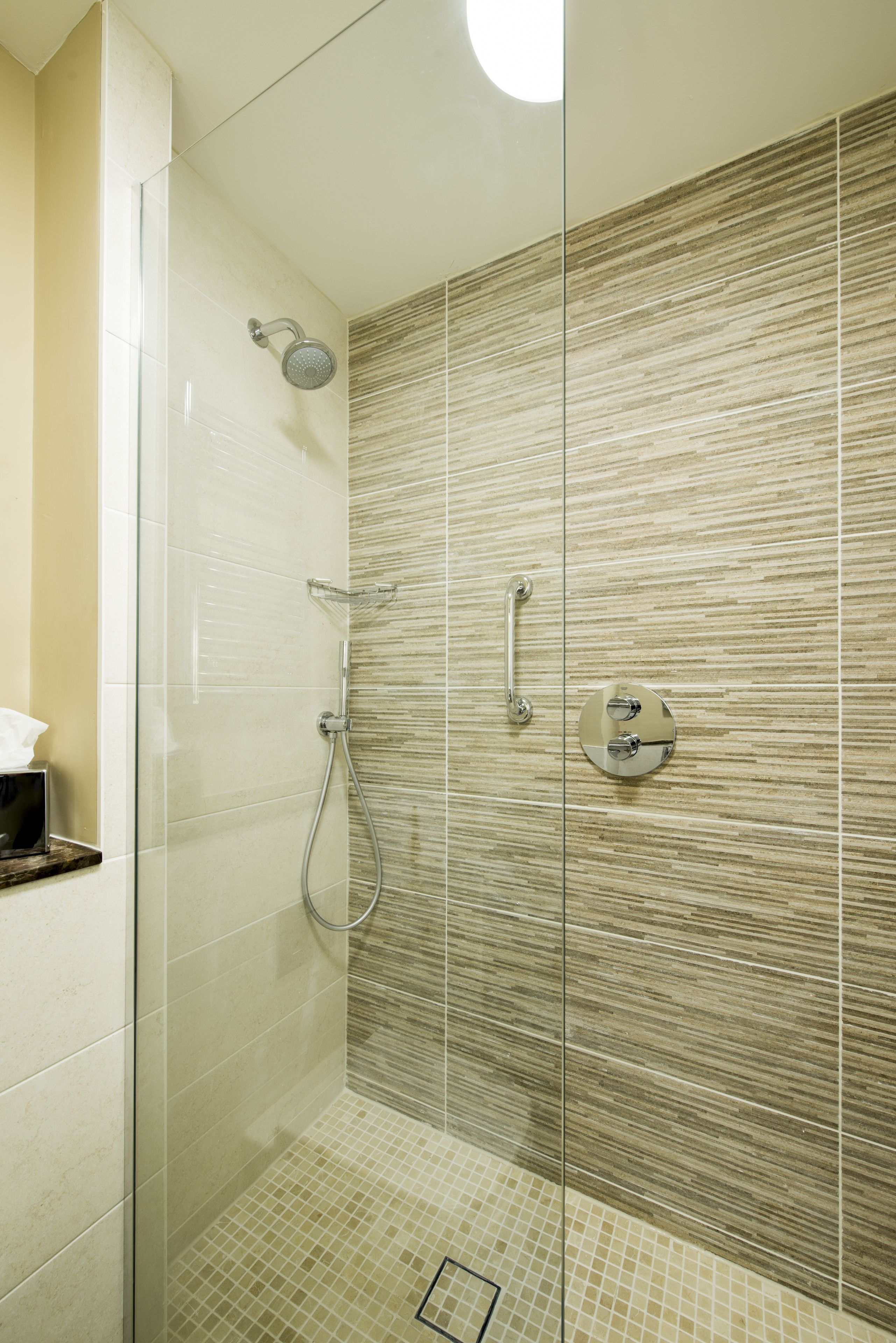 A modern shower with a glass door, a handheld showerhead, and a wall-mounted control panel.