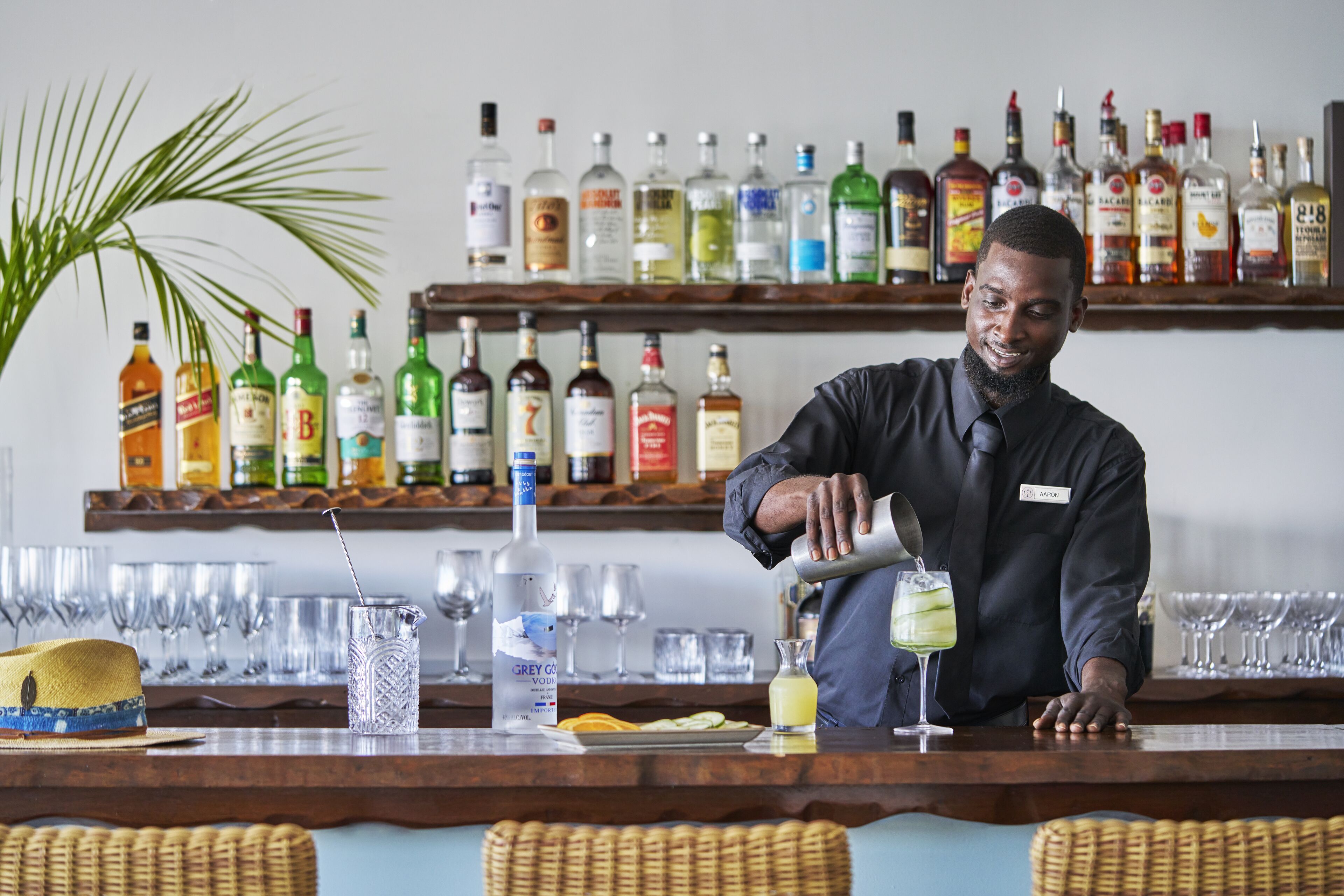 Zona de bar con un barman preparando una bebida, varias botellas de licor en estantes y una planta al fondo.