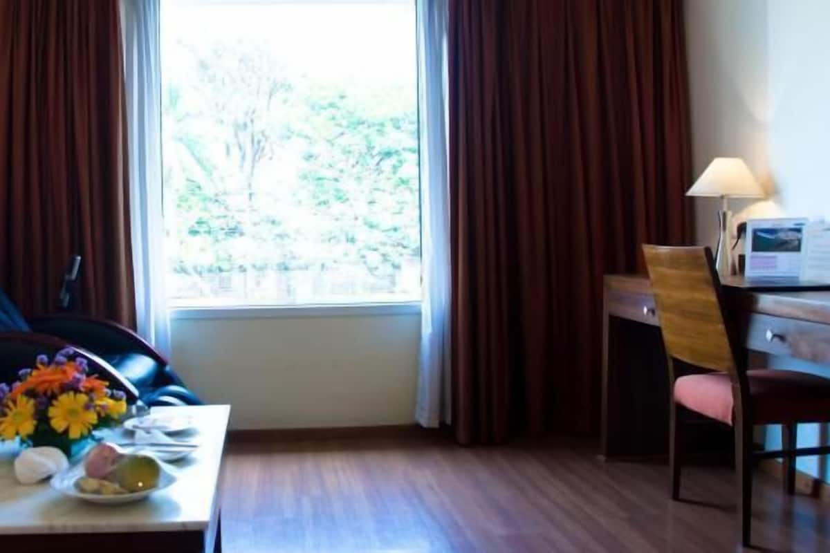 A hotel room with a sofa, a chair, a dining table with a vase of flowers, and a view of trees through the window.