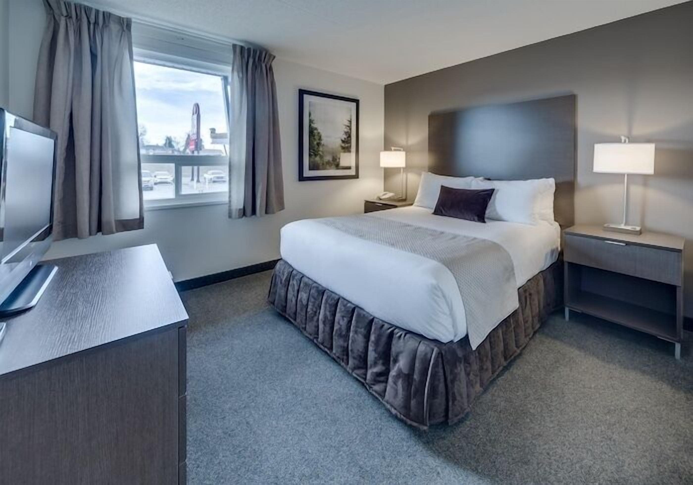 A hotel room with a large bed, a desk, a TV, and a window with curtains.